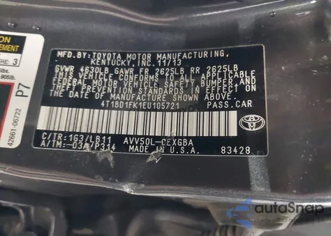 2014 Toyota Camry Hybrid Xle из США, поврежденный, VIN 4T1BD1FK1EU105721